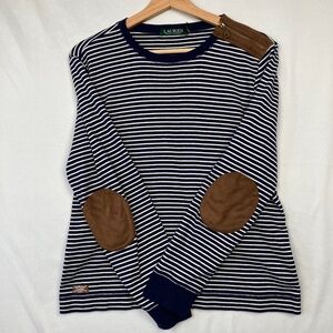 Lauren Ralph Lauren LRL Striped Long Sleeve Top Size XL Suede Elbow Patches